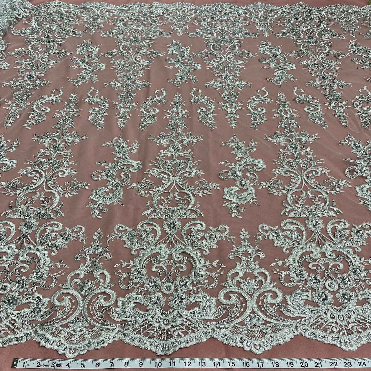 1 Yard Ethereal Beaded Corded Bridal Lace Fabric Embroidered on Premium Mesh 54"